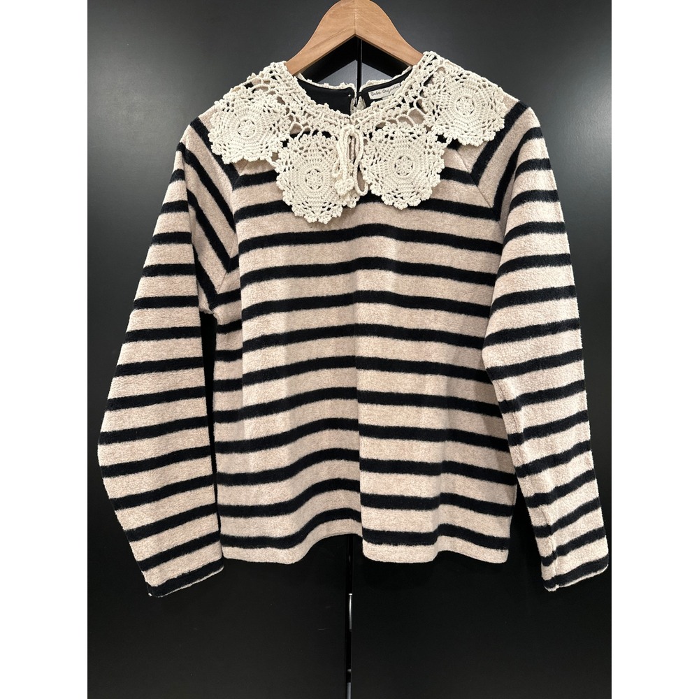 Bebe Organic Cleo Woman Blouse Parisian Stripes Crochet Collar Sweater Small NEW